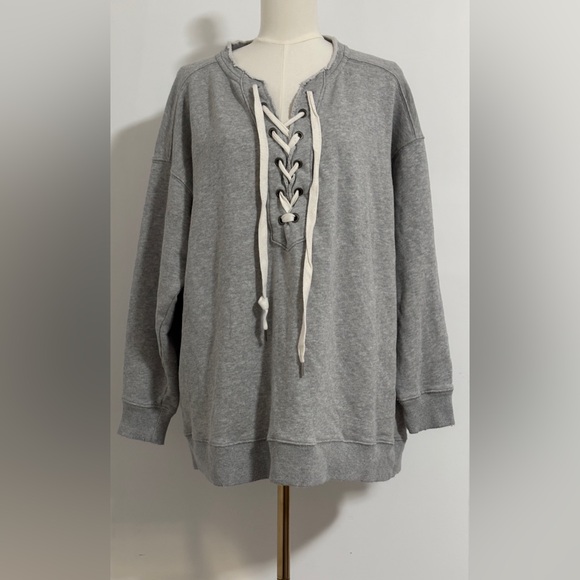 aerie Tops - Oversized Aerie Gray Lace-Up V-Neck Sweatshirt Size M
